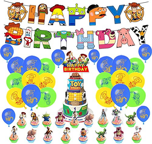 Birthday Decorations Toy Story Balloons Happy Birthday Banner Cake Decorations Cupcake Toppers for Kids Toy Story Theme Birthday Party Decorations