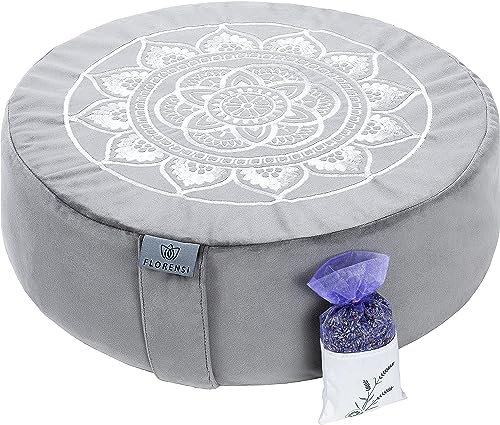 Florensi Yogakissen Meditationskissen - Bequemes Yoga Sitzkissen - Traditionelles Tibetisches Meditationskissen mit Edlem Samtbezug - Großes Yogakissen Rund - Premium Yogakissen mit Buchweizenfüllung