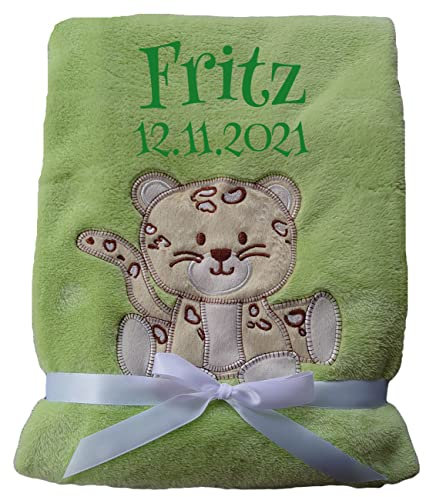 Wuff-Dogsworld Babydecke viele Farben & Motive mit Namen/Geburtsdatum Bestickt Geschenk Baby (hellgrün Leopard)