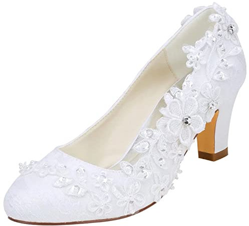 Emily Bridal Brautschuhe Frauen Seide wie Satin Stämmiger Absatz Absatzschuhe mit Stich Spitzen Blume Kristall Perle (EU38, Weiß)