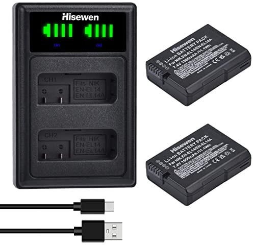 EN-EL14 ENEL14a Batterie 2Pack, Hisewen LED Chargeur Double pour Nikon D3200, D5600, D3100, D3500, D3400, D3300, DF DSLR, Appareil Photo Coolpix P7800/P7700/P7100/P7000