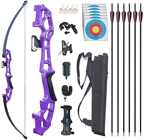 Monleap Archery Recurve Bogen und Pfeile Set für Erwachsene Metall Riser 58 Longbow Kit Rechtshänder gerader Bogen für Anfänger Outdoor Jagd Schießübungen (lila 30lb)