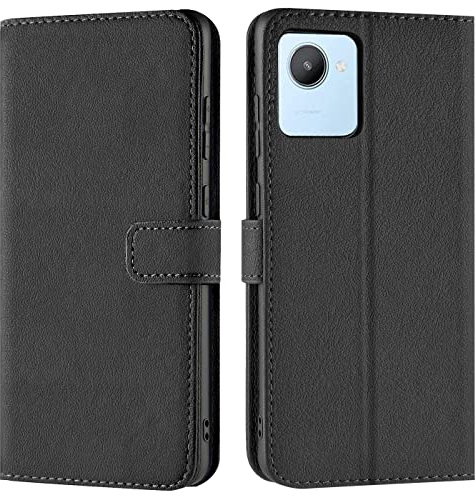 Verco Handyhülle für Realme C30 Hülle, Bookcase Tasche Flipcover für Realme C30 Case [Kartenfächer/Aufstellfunktion], Schwarz