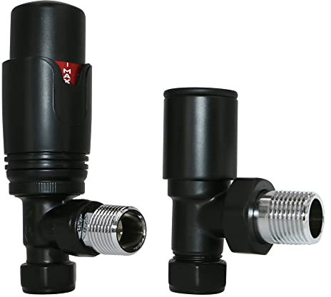 NRG Angled TRV Thermostatic Designer Radiator Valve Black Central Heating Taps with Free Manual Angled Valve