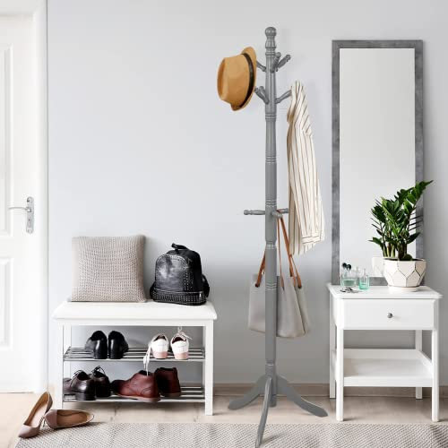 MEDIMALL Höhenverstellbare Garderobe, freistehend, Gummiholz, Flur, Baum, Eingangsgarderobe mit 9 Haken und stabiler dreibeiniger Basis für Zuhause, Büro, Eingang, Hutständer, Grau
