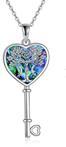 YAFEINI Tree of Life Sterling Silver Pentacle Triple Moon Goddess Pendant Key Necklace - Pagan Wiccan Magic Amulet Jewelry for Women & Men
