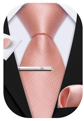 Barry.Wang Herren-Krawatte, Seide, 7 cm, schmal, einfarbig, Satin, Krawatte, Einstecktuch, Manschettenknöpfe, Clip, 4-teiliges Set, Business, Hochzeit, Party, Arbeit für Männer, rosa muster,