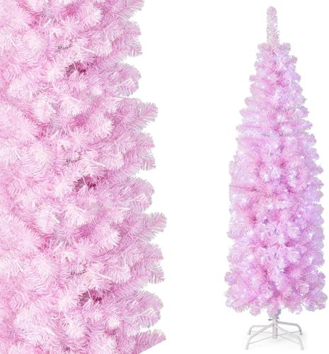 COSTWAY Albero di Natale Artificiale Pre-Illuminato da 180 CM, Albero di Natale Slim Rosa con 475 Rami, 250 Luci LED, Base Pieghevole in Metallo, Decorazione Natalizia per Casa Ufficio Feste