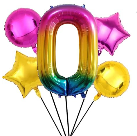 Nine San 5 Stück Regenbogen Zahl 0 Luftballons Set 100CM Giant Rainbow Zahlen 0 Folienballon Number Mylar Helium Zahlenluftballons Geburtstag Party Deko