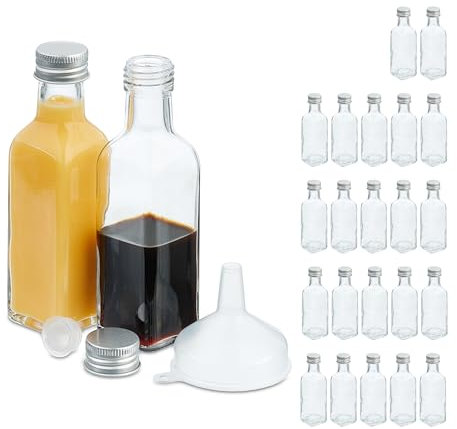Relaxdays Mini Bouteilles en Verre, Lot de 24, Petites fioles à remplir, 100 ML, Bouchon à vis, Transparent/argenté