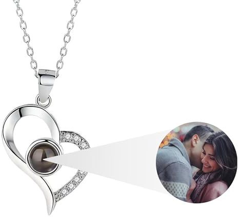 AVINVAN Photo Necklace 925 Sterling Silver Personalised Projection Necklace with Picture Inside Charm Customised Jewellery Heart Present for Women Mum Girls Wife Birthday