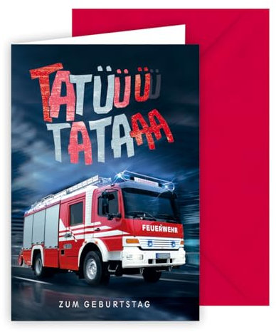 KE - Geburtstagskarte für Jungen und Mädchen, Glückwunschkarte, inkl. Umschlag, DIN B6 Format, rot, Motiv: Feuerwehr