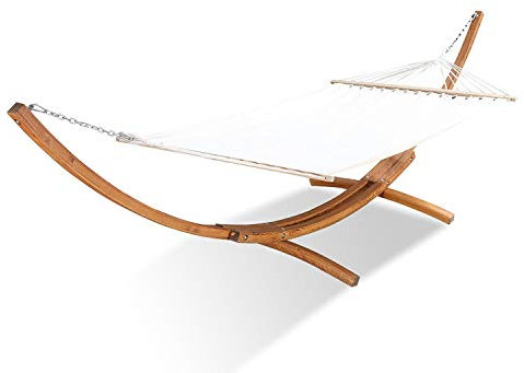 CONCEPT USINE | Hamac sur Pied avec Support en Bois 3,15 m et Tissu | Design LAGOA Écru | Bois en Mélèze d'europe | Vis Crochets et Chaînes en Acier | Résistant, Confortable | Résiste à l'eau