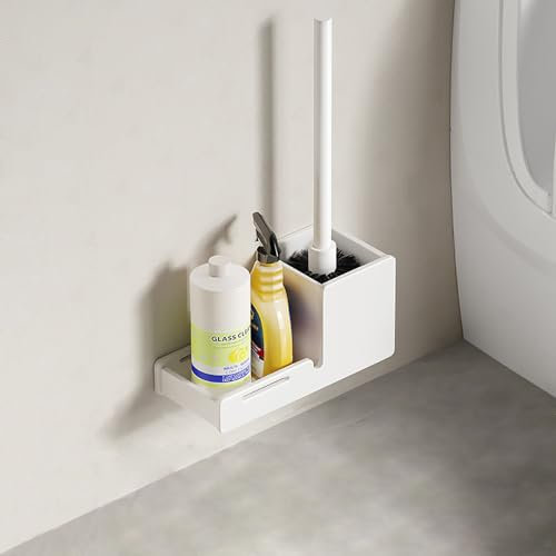 LNGFSH Brosse WC, Aluminium Brosse Toilettes WC Nylon, Balai Toilette WC et Support, Balayette WC Suspendu, Brosse a Toilettes WC Mural sans Percageà, Porte Balai WC Mural (Blanc)