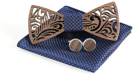 Cyriacus Fliege Set Holz, Marineblau mit weißem Tupfenmuster enthält Papillon und Manschettenknöpfe, quadratisches Halstuch (3 PCS), Geeignet für den Einsatz in mehreren Szenen
