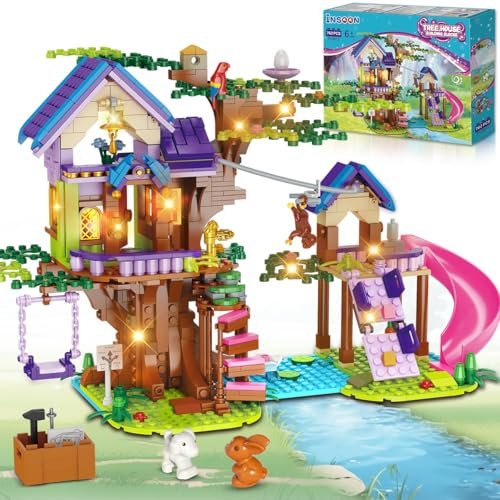 INSOON Baumhaus Bauspielzeug mit LED Licht, 762 Stück Baumhaus Bausatz, Freundschaft Waldhaus Baukasten, Geburtstags Geschenk für Kinder Mädchen Jungen im Alter von 6 7 8 9 10 11 12+ Jahre alt