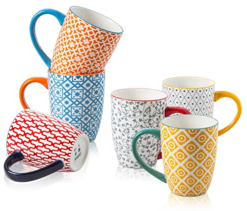Cerkik Ceramic Coffee Mugs Set - 470ml Large Porcelain Tea Cups with Handle for Women Men Cocoa Latte Cappuccino - Christmas Housewarming Gift - Microwave Dishwasher Safe - Set of 6 - Assorted Colors