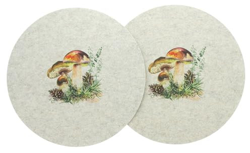 FRANk FLECHTWREN Schöne Platzmatte Waldpilze, 2er Set, Filz, 100% Polyester Maße: Ø 38 cm, schöne Herstdeko für den Tisch und alle Pilzliebhaber