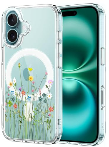 Unov Hülle Kompatibel mit iPhone 16 Hülle klar Transparent Kompatibel mit Magsafe Geprägtes das Muster Stoßdämpfung Stoßfängerschutz Stoßfest rutschfest Schlanke Schutzhülle (Blumen Blumenstrauß)