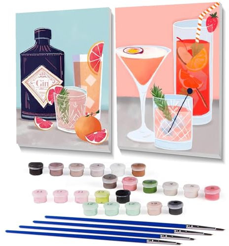 Retro Cocktail Paint-by-Numbers Kit for Adults - Wine Glass Design, Easy 2 Pack Acrylic Paint Kits on Canvas, 8x12inch (Framed)