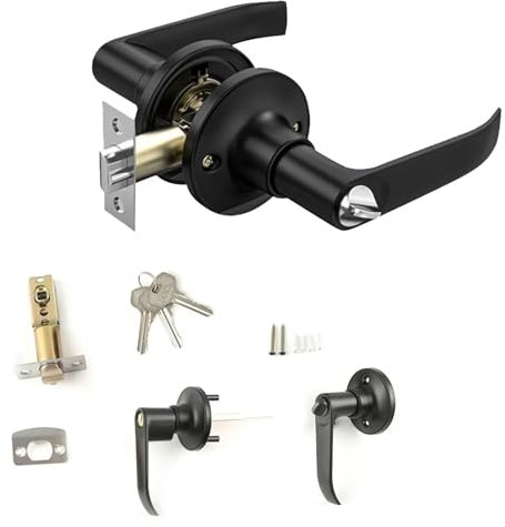 ALNKDH Door Handles Set,Bedroom Door Handle with Lock,150×120mm(Black-1Pcs, 40-60mm)