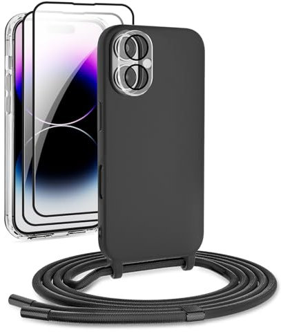 DiDaDi Handykette für iPhone 16, Handyband Kompatibel mit iPhone Hülle mit Band Handyhülle für Smartphone zum Umhängen Schutzhülle mit Kordel Silikon Case (Schwarz, iPhone 16)