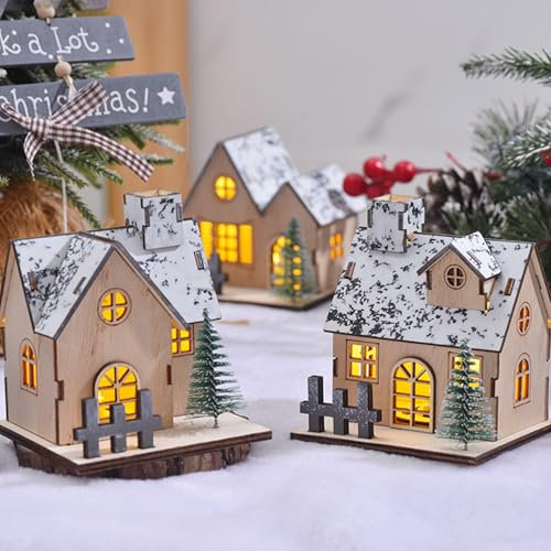 Nexoria Weihnachtsdorf mit Beleuchtung, 3 Stück Weihnachtsdeko Holzhaus Beleuchtet Holz Weihnachtsdeko mit LED Licht Weihnachtsdeko Innen Miniatur Holzhaus Weihnachtsbeleuchtung für Tischdeko