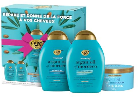 OGX - Coffret Soin Cheveux Huile d'Argan du Maroc (Shampooing + Après-Shampooing + Masque) – Soins capillaires pour cheveux secs et abîmés – Sans sulfate ni parabènes