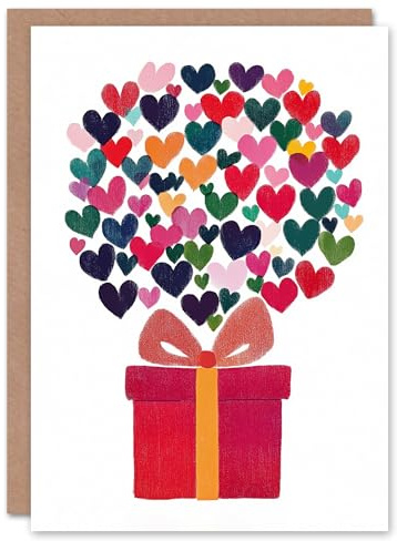 Wee Blue Coo Greeting Card Wrapped Red Present Love Hearts Bright Modern Blank For Him Or Her Art Xmas Christmas Card