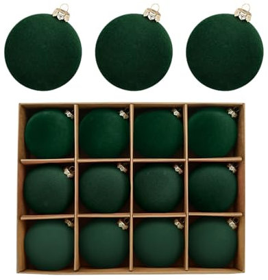 Velvet Green Christmas Baubles - 12 Pcs 60mm Shatterproof Ornaments With Hanging Loop - Xmas Tree Decorations