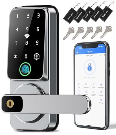 Keyless Entry Door Lock with Handle – Keypad Electronic Lock, Touchscreen, Auto-Locking, Anti-Peep Password, Easy Installation for Front Door, Home, Office, Silver Finish