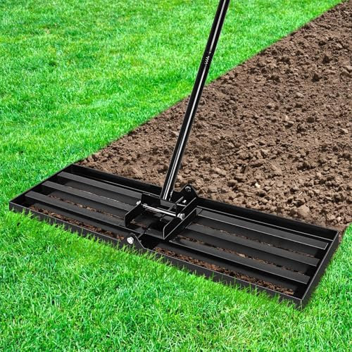 Ezkamfort Rastrello livellatore per prato, 76 x 25 cm, manico lungo regolabile da 194 cm, rastrello per livellare il prato resistente, per livellare il prato, livellatore per prato in acciaio inox