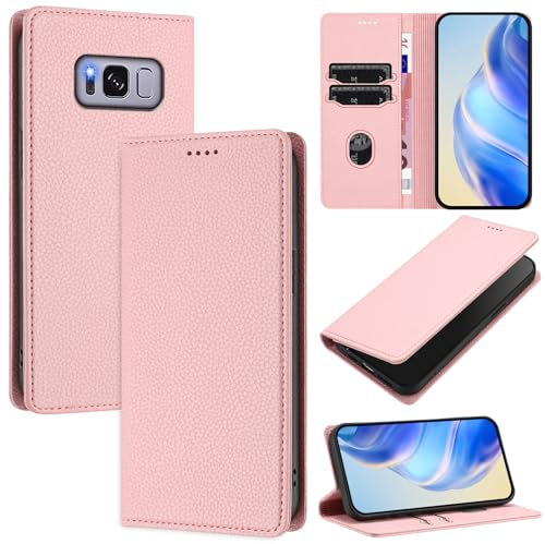 DENDICO Handyhülle für Samsung Galaxy S8 Hülle, PU Leder Klapphülle mit RFID-Blockierung, Stoßfeste Magnetische Schutzhülle für Samsung S8, Rosa