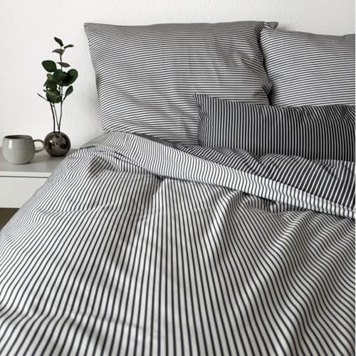 Magano® Luxus Bettwäsche 200x220 Streifen Grau/Weiß | Bambus & Baumwolle Satin | 400 TC Premiumqualität | Hypoallergen | Deckenbezug 200x220 cm + (2X) Kissenbezug 80x80 cm | Off-White