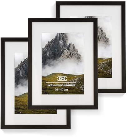KHG Premium-Bilderrahmen 3er-Set 30x40 cm schwarz, vielseitig einsetzbar | stabile Glasfront, hochwertiges Passepartout & MDF-Holzrahmen für Fotos, Poster, Zertifikate & Collagen, für Zuhause