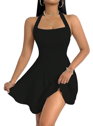 GORGLITTER Women's Halter A Line Mini Dress Sleeveless High Waist Swing Party Cocktail Flared Short Dresses Black X-Large