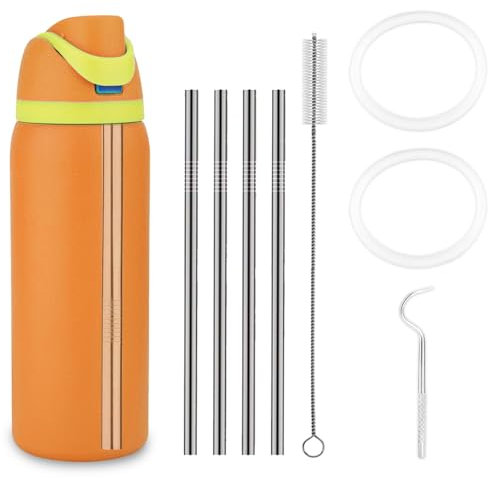 4pcs Metal Straw for Owala Water Bottle 24 oz 32 oz, with Cleaning Brush & Gasket Seal Compatible with Freesip Water Bottle Accessories, Stainless Steel Straws Replacement Parts