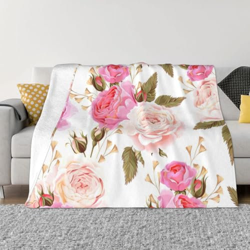 Fleecedecke mit Blumenmuster, Rosenmuster, rosa Druck, gemütlich, leicht, Flanelldecke für Bett und Couch