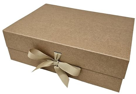 Luxury A4 Size White Folding Magnetic Closure Gift Box with Changeable Ribbon - L31cm x W22cm x H10cm (Natural Kraft)