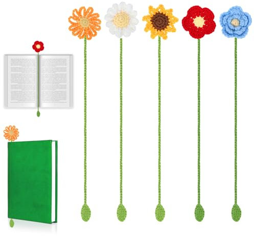 5 Stück Häkeln Blumen Lesezeichen Gestrickter Gänseblümchen Lesezeichen Blumenornamente Lesezubehör Geschenke für Buchliebhaber Leser Lehrer Studenten Frauen