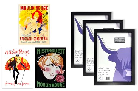 Artery8 Moulin Rouge Wall Art - Set of 3 A4 Sized Art with Black Frames - Burlesque Cabaret Girls Paris France Vintage Advertising