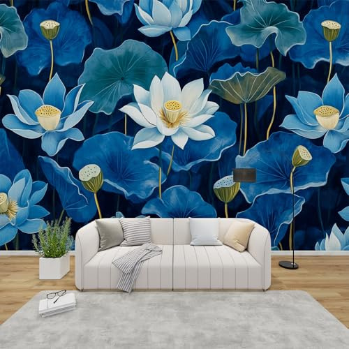 PaxGloz Fototapete Blaue Lotusblume Tapete Chinesischer Stil Lotus Tapeten Vliestapete Modern Wandtapete Wohnzimmer Schlafzimmer Zen Wanddeko Motivtapeten 368 x 254 cm (B x H)