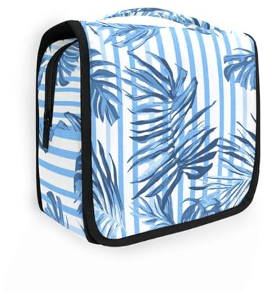 Bluw Grande trousse de maquillage pour femme avec crochet de suspension Motif feuilles de palmier blanches