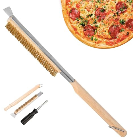 55cm Profi Pizzaofen Bürste mit Edelstahlschaber & Messingbürste Borsten, Holzgriff Reinigungsbürste Pizza Zubehör, Pizzastein Brush Grillbürste Pizzaofenbürste für Outdoor Öfen Tragbare Oven Gasgrill