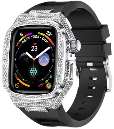 Luxury Metal Case with Strap for Apple Watch Series 11 10 46mm, Rugged Cover with Sports Bands for iWatch S10 S11 46mm Men's Protective Case(Siliver + Black Band）