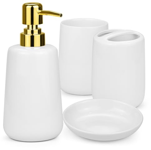 Bathroom Accessories Set, 4 Pcs Ceramic Bath Accessory Set Elegant Modern Toothbrush and Toothpaste Holder + Toothbrush Tumbler + Liquid Soap or Lotion Dispenser Dish, White