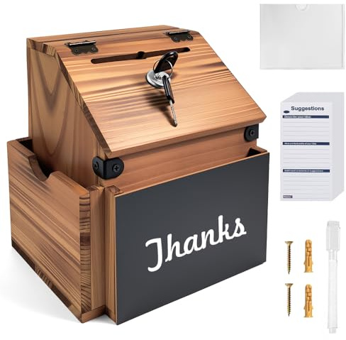 VGECEE Scatola per Suggerimenti in Legno con Serratura, 10 Carte di Proposta e 1 Penna，Scatola per Donazioni in Legno Scatola per Lotteria Cassetta delle Lettere per Montaggio a Parete 22x20 x17cm