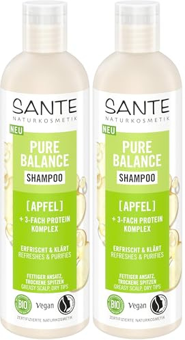 SANTE Naturkosmetik Pure Balance Shampoo Apfel - 250 ml - mit Apfel & 3-Fach Protein Komplex - Feuchtigkeitsshampoo für fettende Ansätze & trockene Spitzen - vegan & dermatologisch getestet