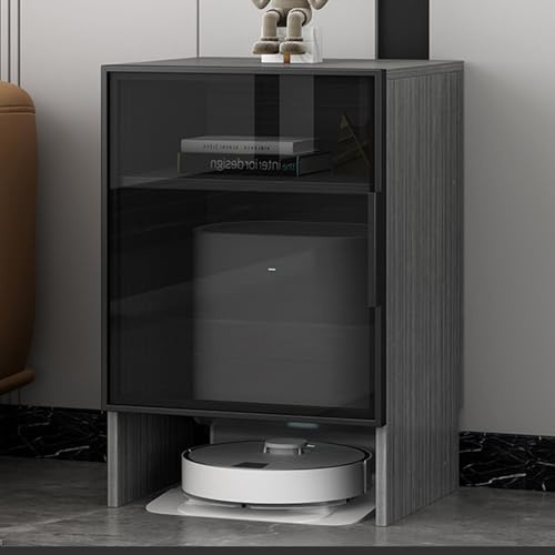 Meuble de Rangement pour Robot Aspirateur avec Portes en Verre Trempé & Roulettes Silencieuses - Organisateur Style Industriel Tech pour Robot Aspirateur, Table d'Appoint pour S Gray with Black Frame