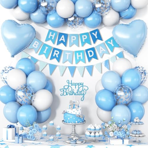 Luftballons Geburtstag, Set Deko für Geburtstage, Blau, Makkaroni Blau, Weiß, Glitzer Blau Latexballons für Partys, Hellblau herzförmiger Folienballon für Hochzeit Dekoration